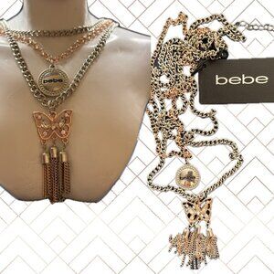 Bebe Triple Strand Rose-Gold Crystal Fringe Butterfly & Name Logo Disc Necklace